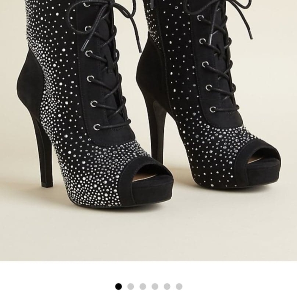Elegant Black Peeptoe Bootie Stiletto Heels with Rhinestone Detailing